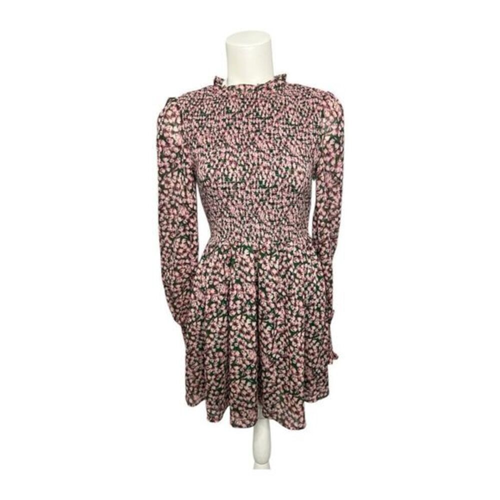 Lulus Floral Forever Green Pink Smocked Mini Dress sz Small Long Sleeve